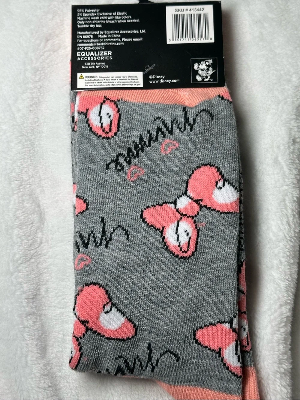 Disney Minnie Mouse Crew Socks Grey Pink Bow Graphic Sock